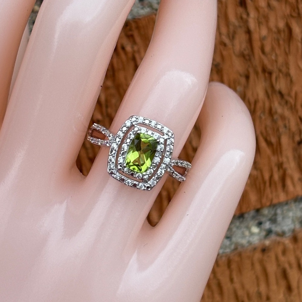 Radiant Cut Natural Peridot & Zircon Halo Ring Sterling Silver Size 7